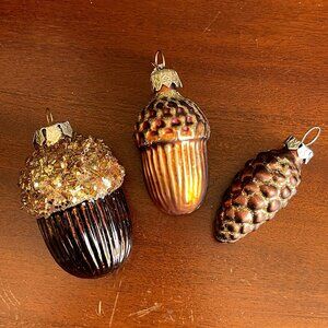 3 Vtg Glass Pinecone & Acorn Dept 56 Gold Brown Christmas Ornaments